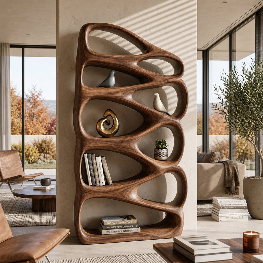 Modern Wooden Bookshelf Inspired By Organic Architecture For Living Room