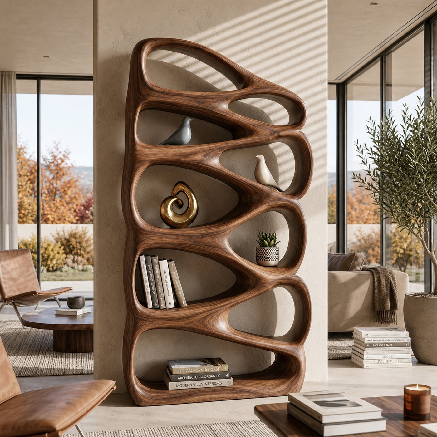 Modern Wooden Bookshelf Inspired By Organic Architecture For Living Room