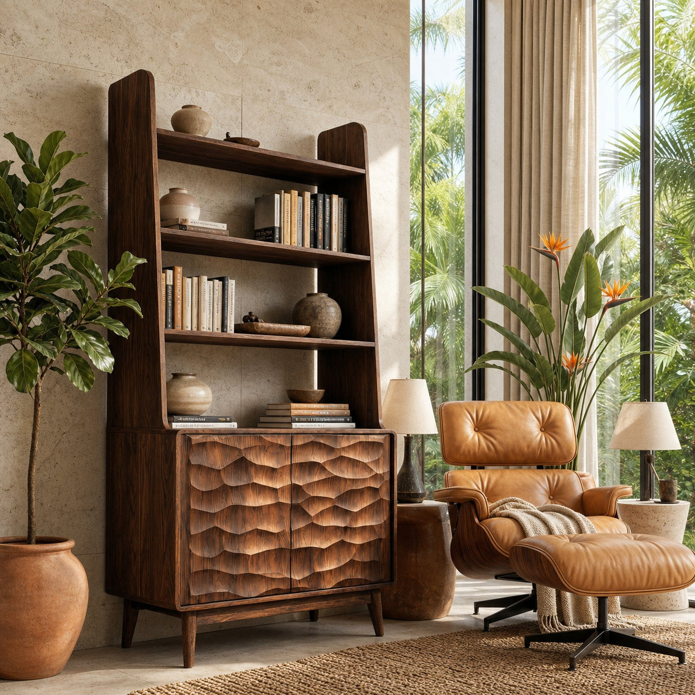 Modern Wooden Bookshelf With Carved Cabinet Doors For Home