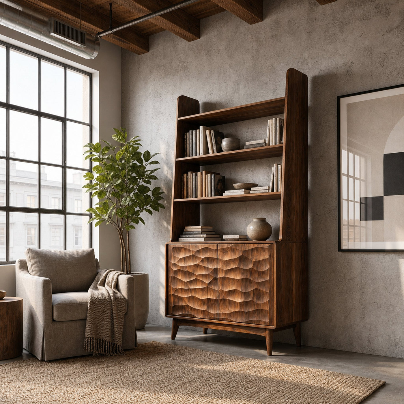 Modern Wooden Bookshelf With Carved Cabinet Doors For Home - product view 6