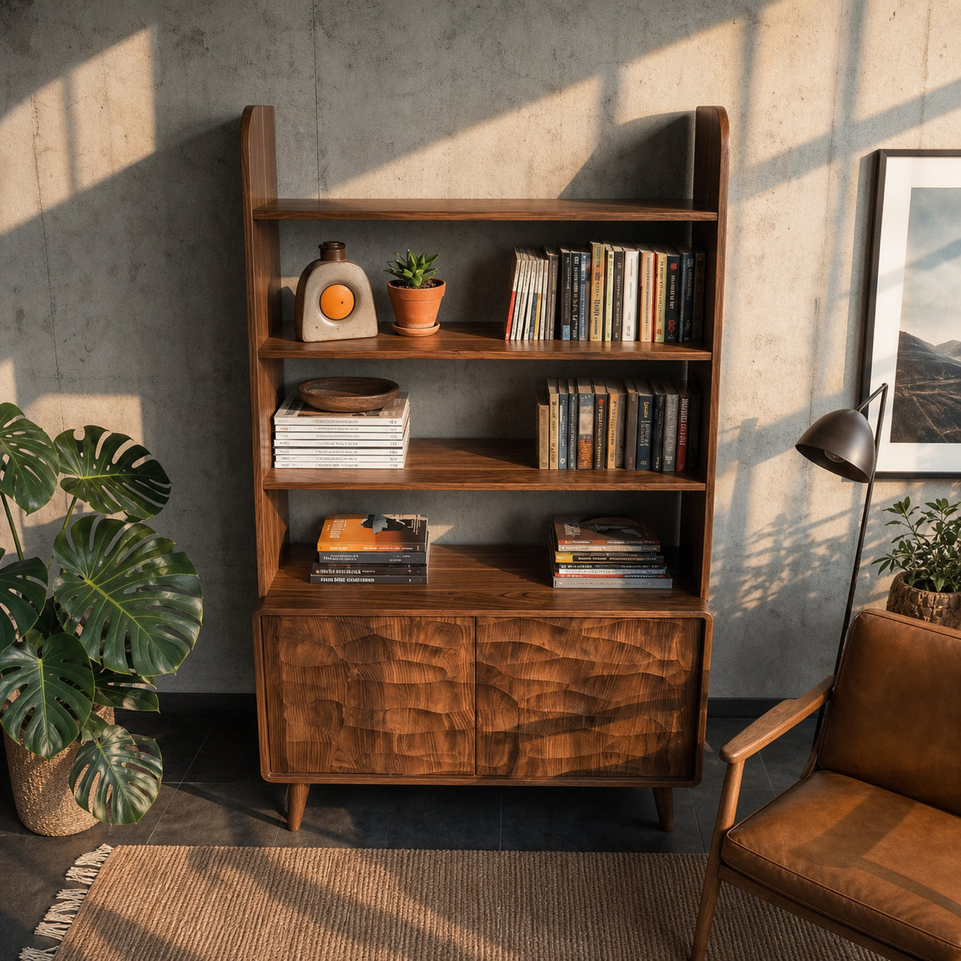 Modern Wooden Bookshelf With Carved Cabinet Doors For Home - product view 7