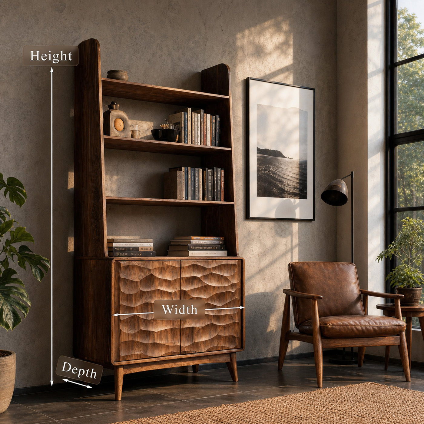 Modern Wooden Bookshelf With Carved Cabinet Doors For Home - product view 8