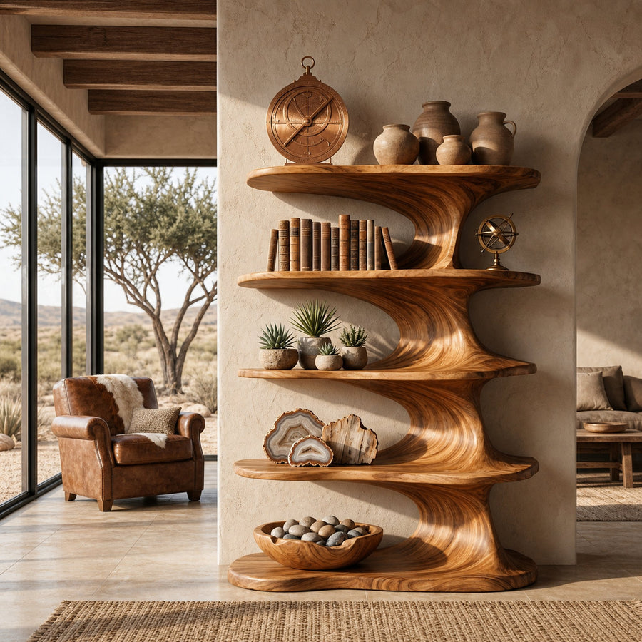 Modern Wooden Bookshelf With Flowing Organic Lines For Living Room