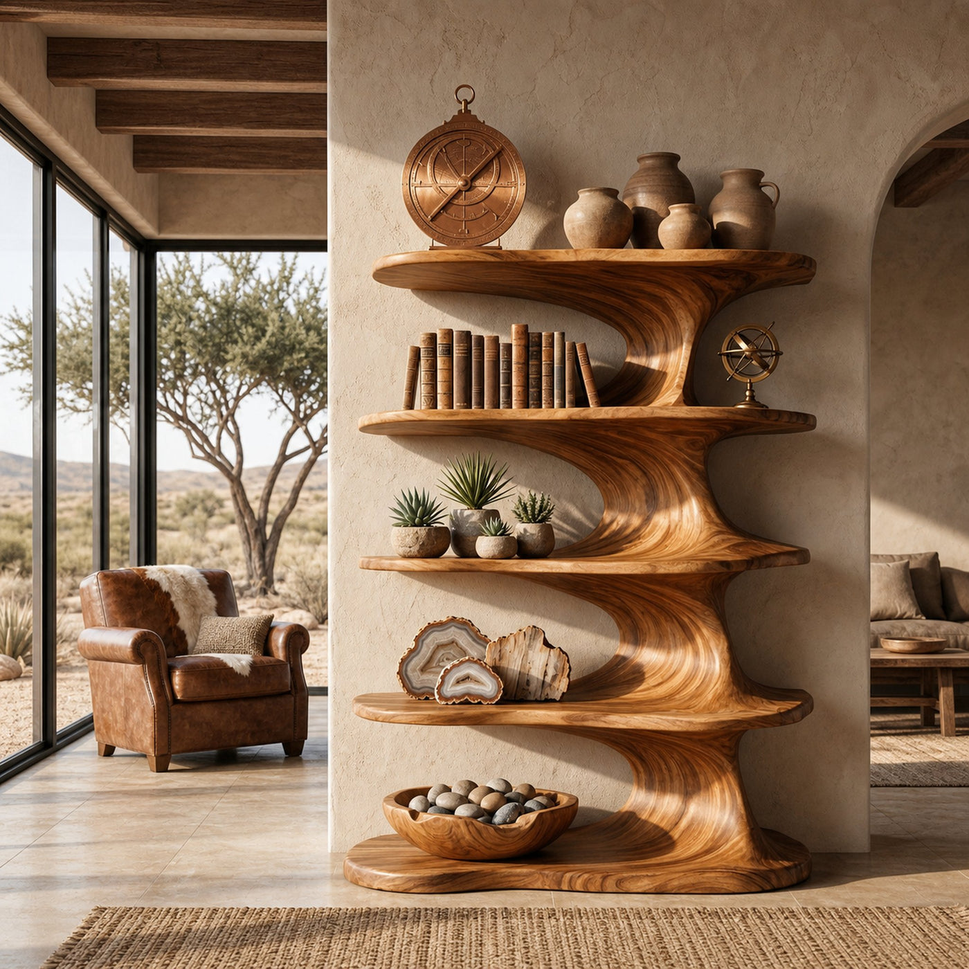 Modern Wooden Bookshelf With Flowing Organic Lines For Living Room
