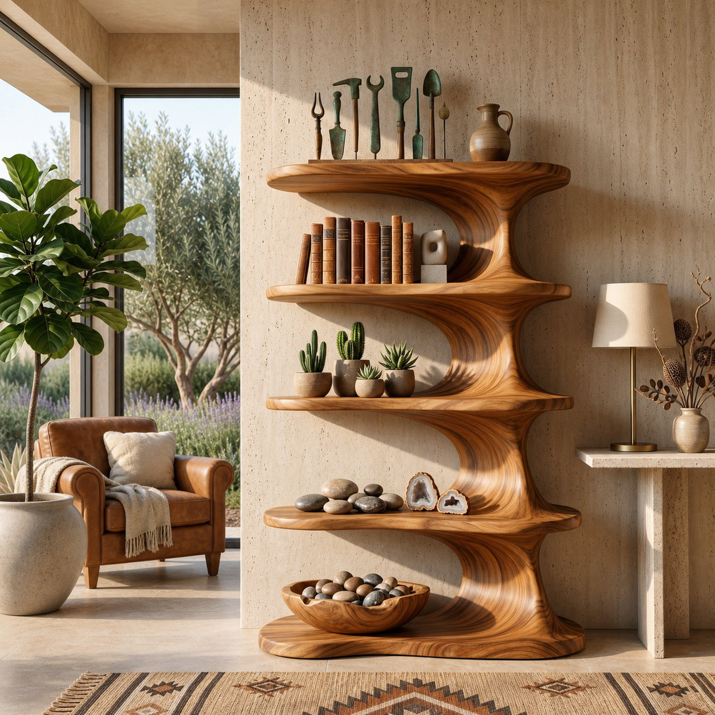 Modern Wooden Bookshelf With Flowing Organic Lines For Living Room - product view 6