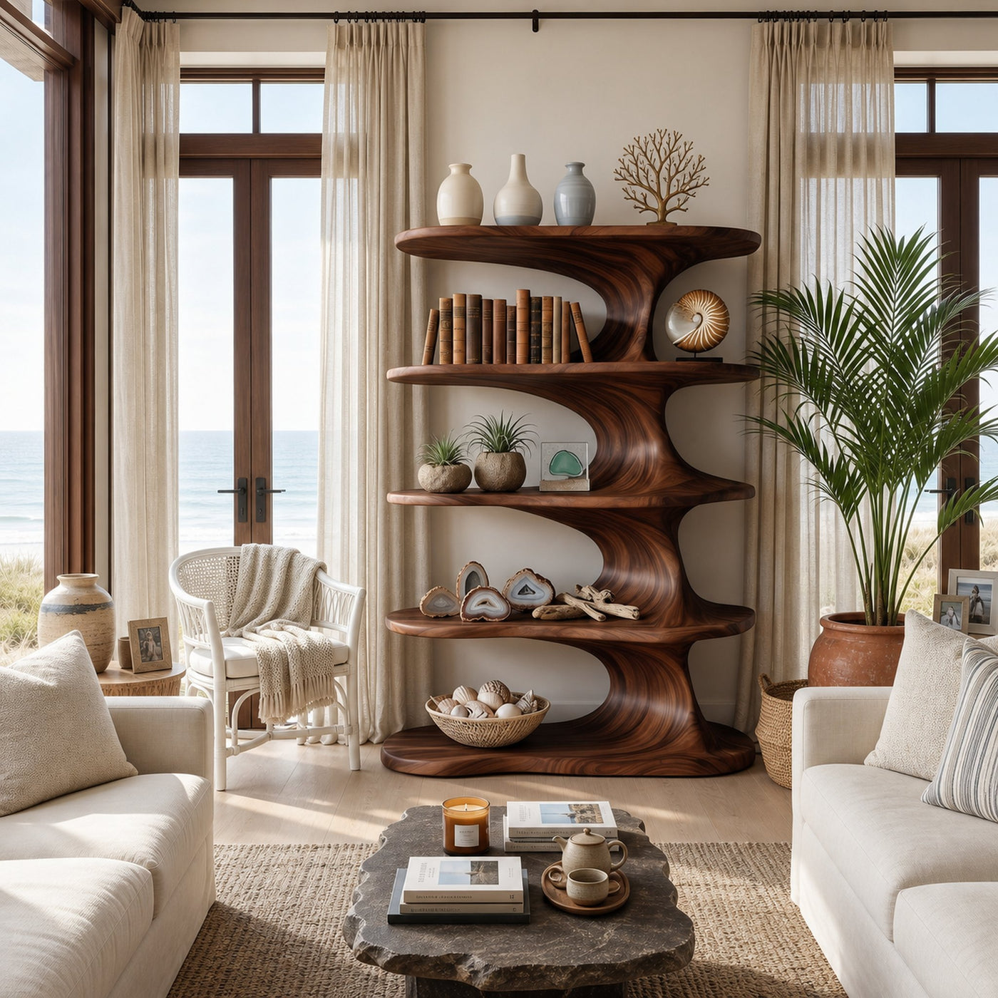 Modern Wooden Bookshelf With Flowing Organic Lines For Living Room - product view 7