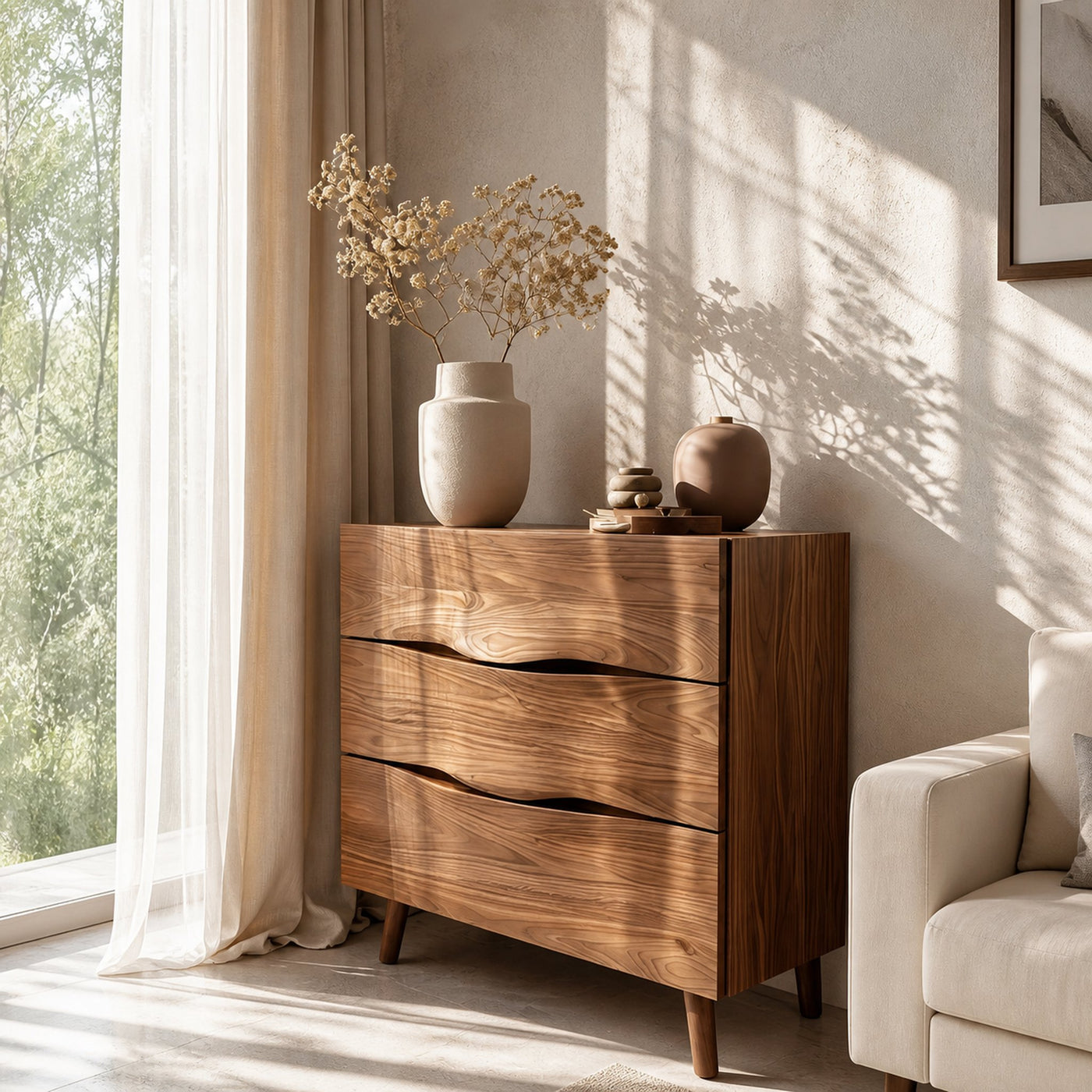 Modern Wooden Cabinet With Curved Handles For Bedroom Storage