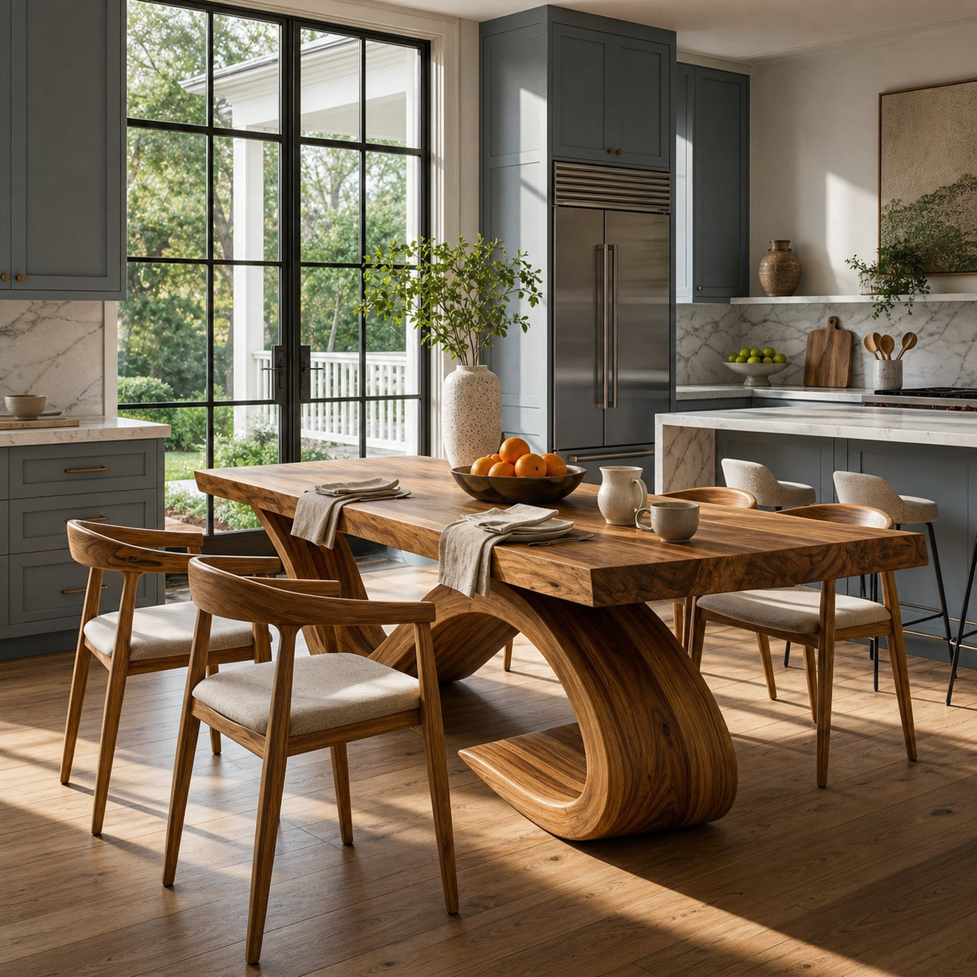 Modern Wooden Dining Table With Curved Base For Dining Area