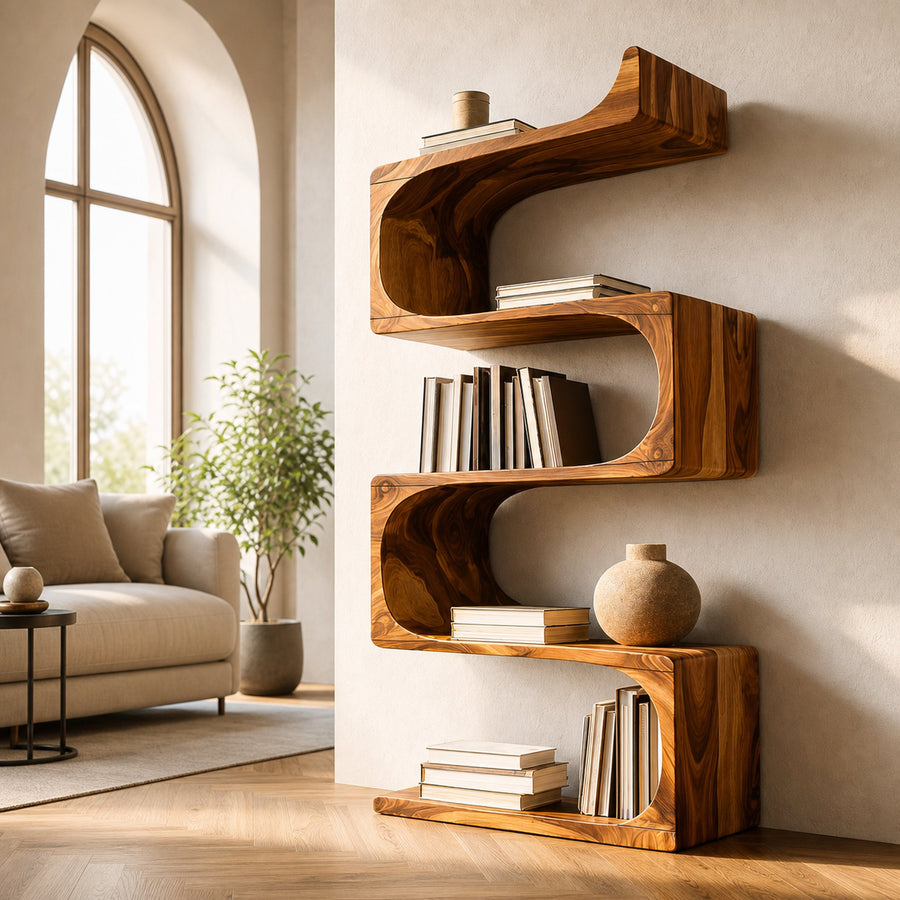 Modern Wooden Flowing Carved Bookshelf For Living Room