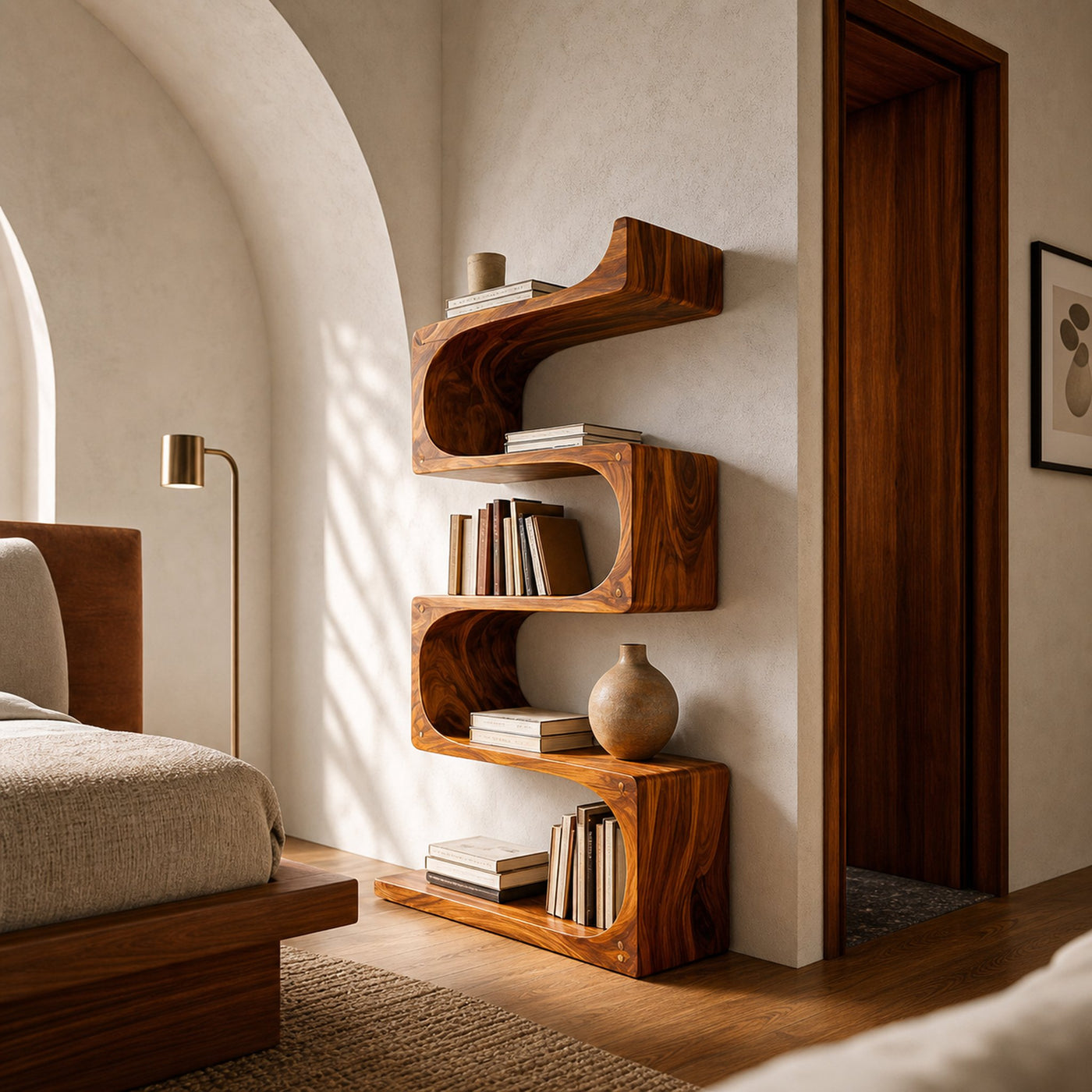 Modern Wooden Flowing Carved Bookshelf For Living Room - product view 6