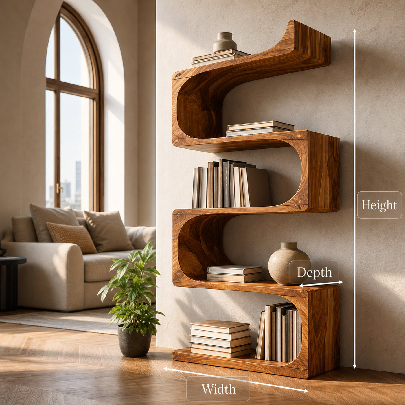 Modern Wooden Flowing Carved Bookshelf For Living Room - product view 7