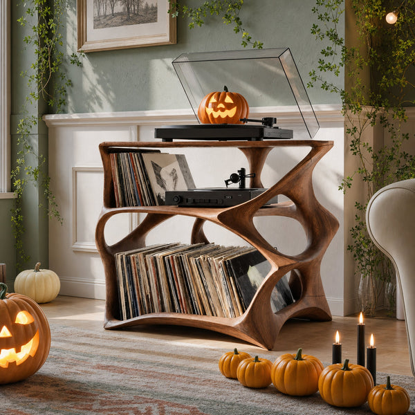 Modern Wooden Live Edge Record Stand For Living Room Halloween Style