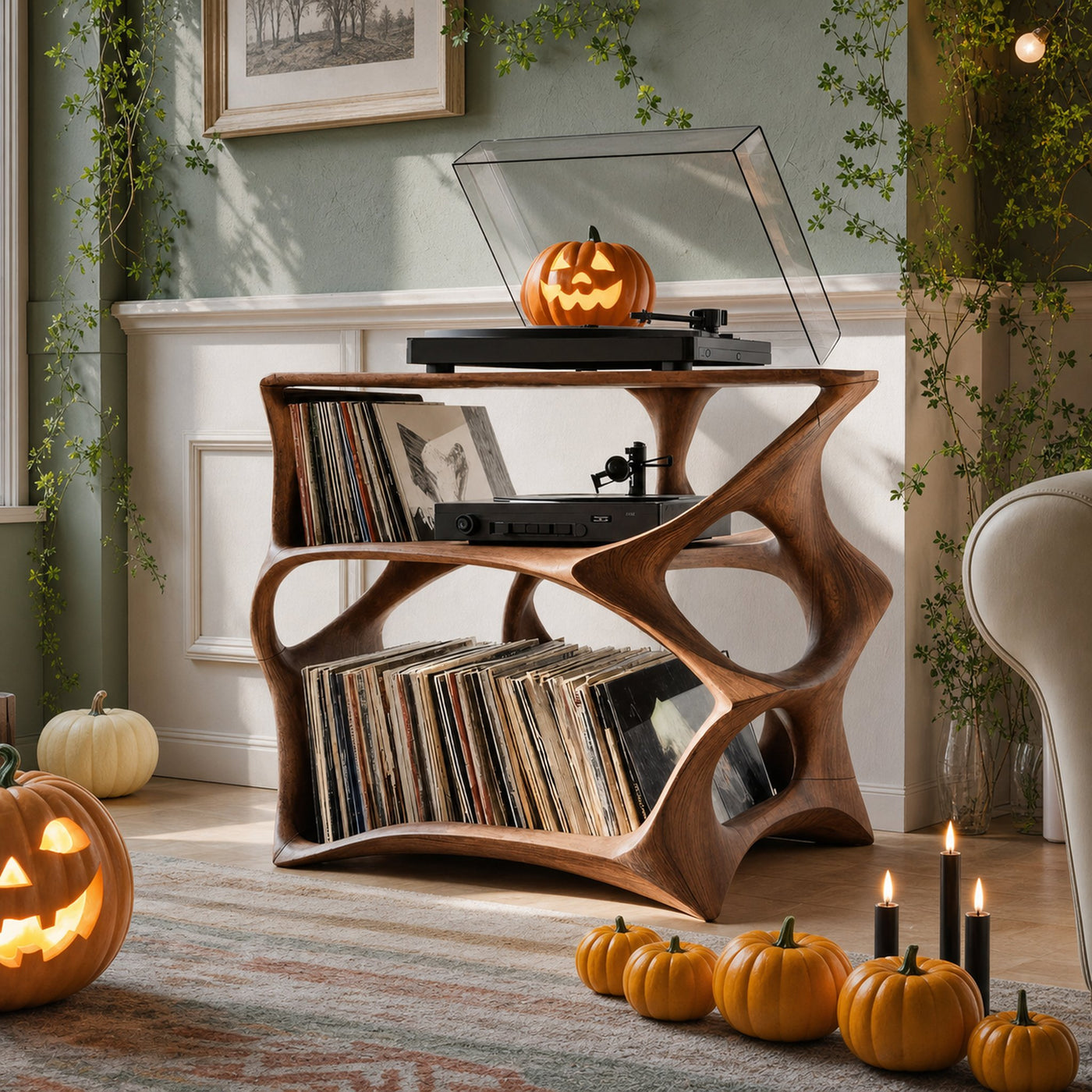 Modern Wooden Live Edge Record Stand For Living Room Halloween Style
