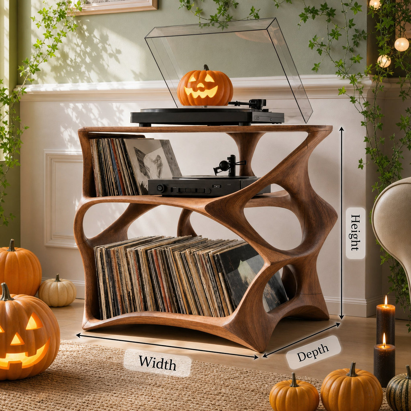 Modern Wooden Live Edge Record Stand For Living Room Halloween Style - product view 6