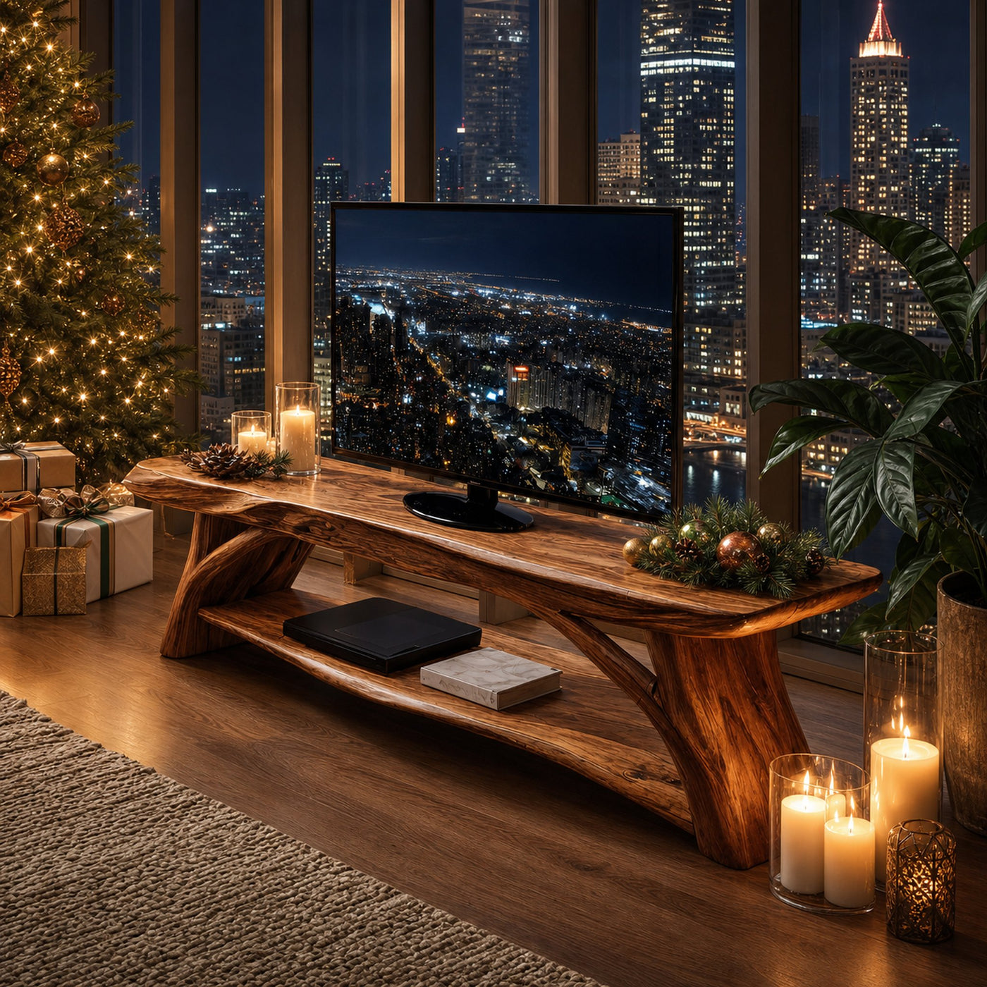 Modern Wooden Live Edge TV Console For Christmas Bedroom Design