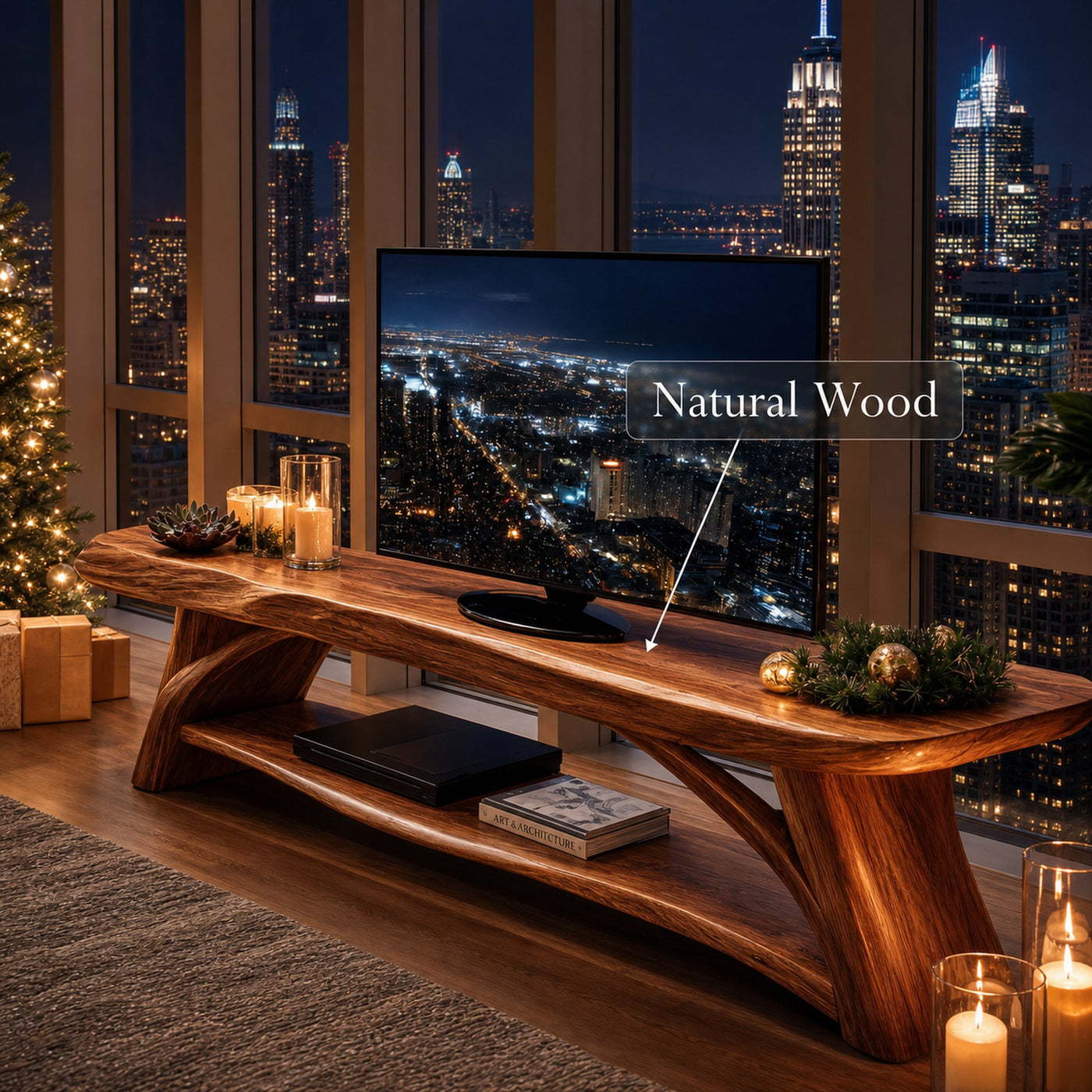 Modern Wooden Live Edge TV Console For Christmas Bedroom Design - product view 6