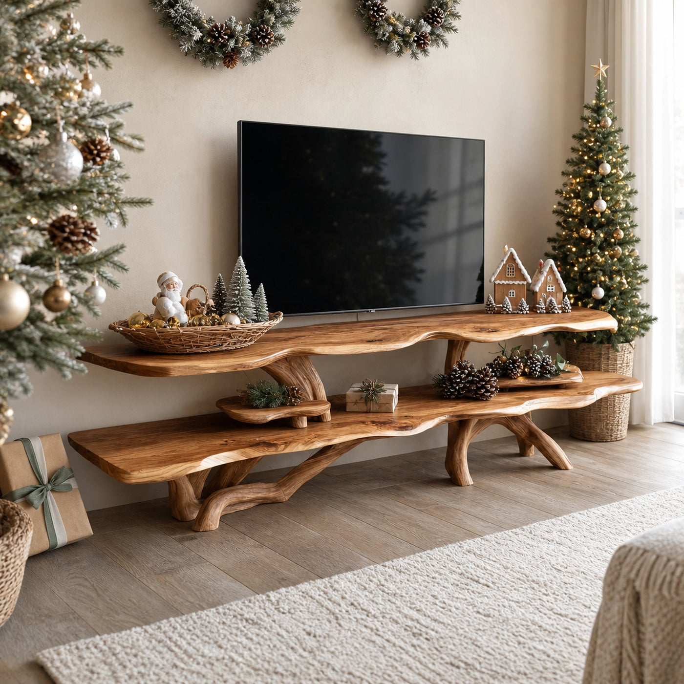 Modern Wooden Live Edge TV Console For Holiday Entryway And Living Room