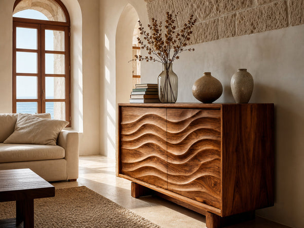 Modern Wooden Sideboard Wave Carving For Kitchen