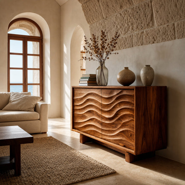 Modern Wooden Sideboard Wave Carving For Kitchen