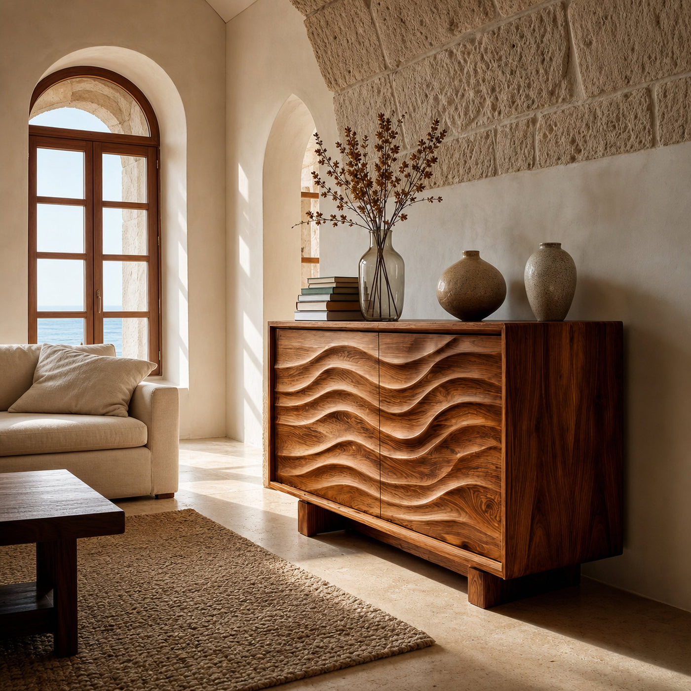 Modern Wooden Sideboard Wave Carving For Kitchen