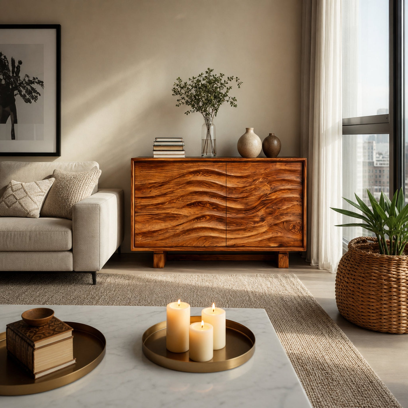 Modern Wooden Sideboard Wave Carving For Kitchen - product view 6
