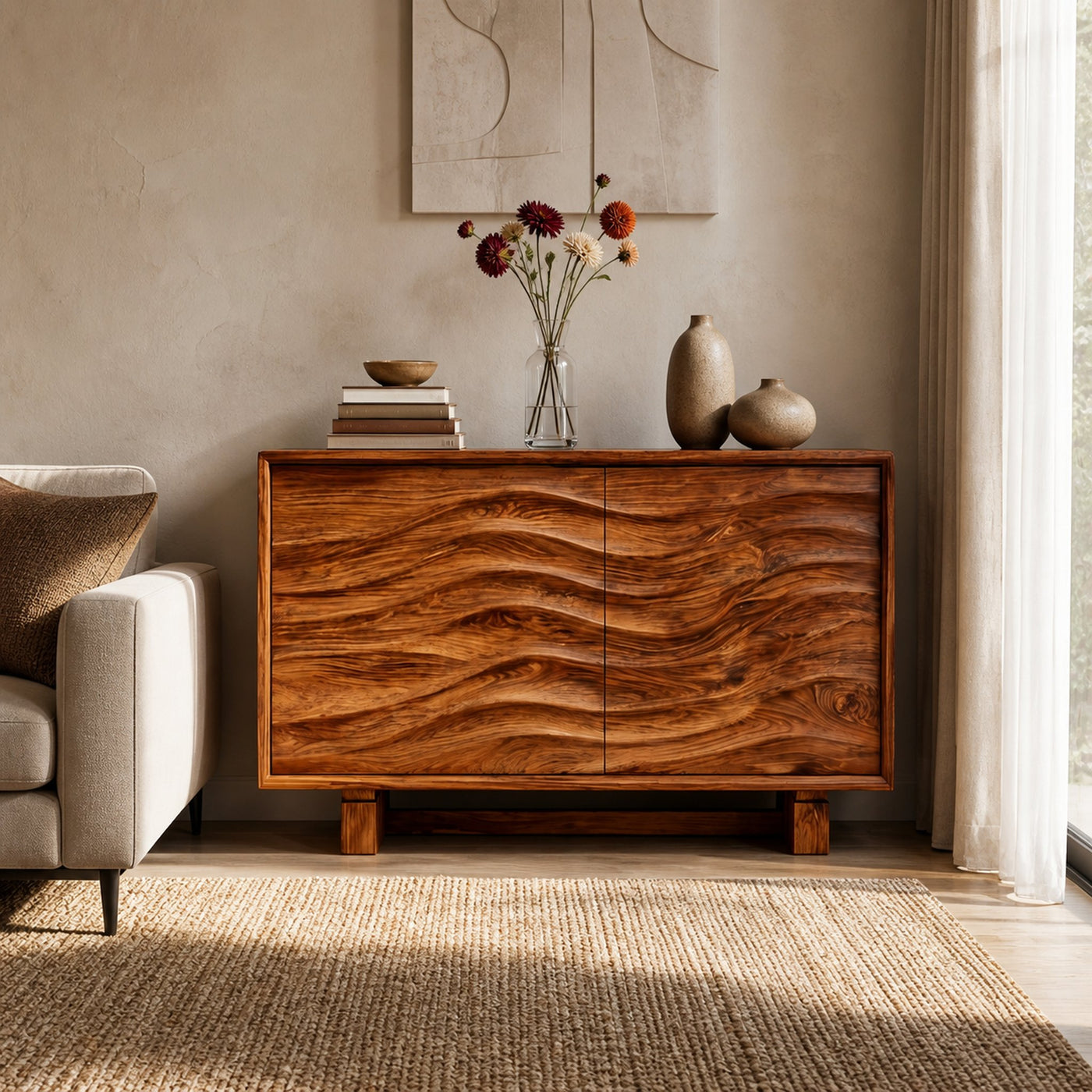 Modern Wooden Sideboard Wave Carving For Kitchen - product view 7