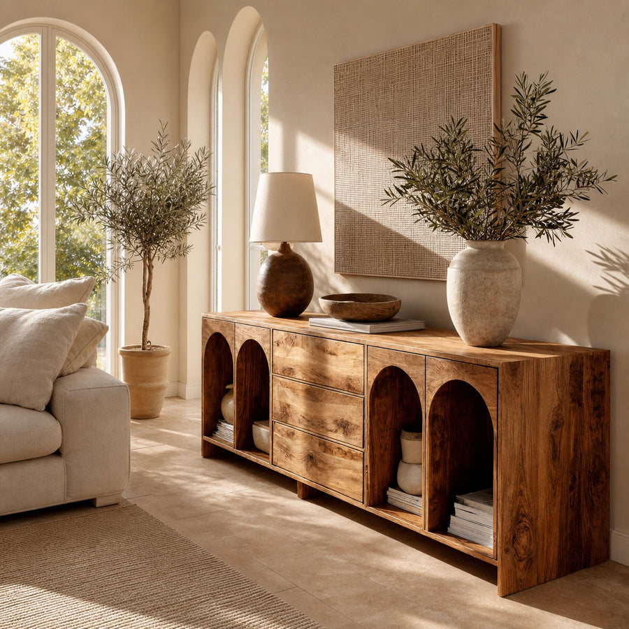 Modern Wooden Sideboard With Arched Compartments For Living Room