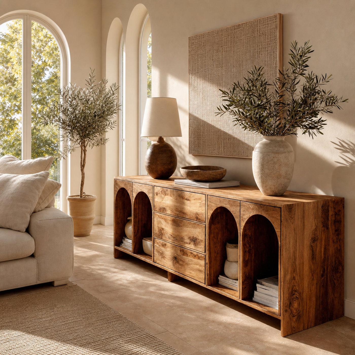 Modern Wooden Sideboard With Arched Compartments For Living Room