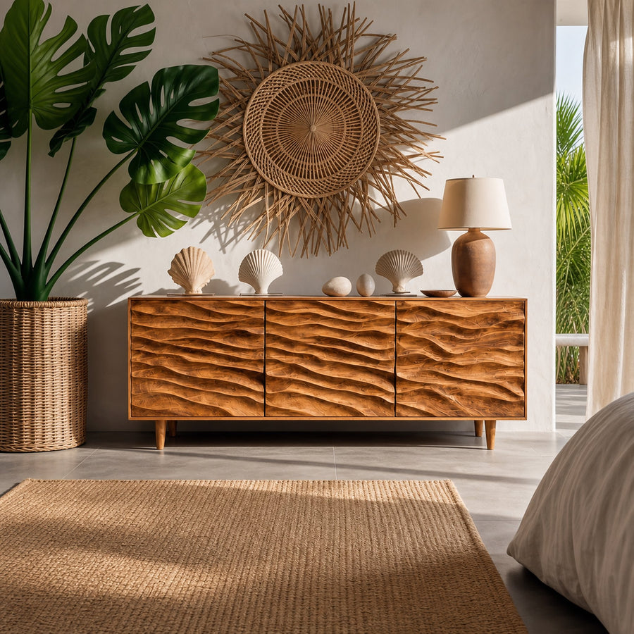 Modern Wooden Sideboard With Carved Wave Doors For Contemporary Living