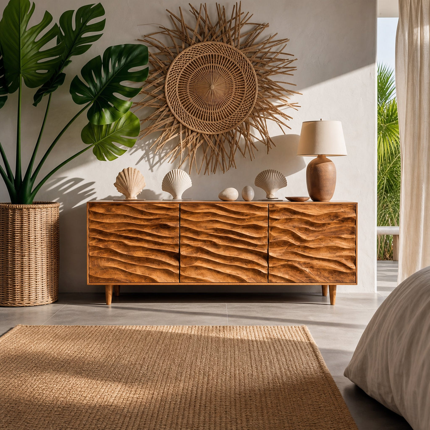 Modern Wooden Sideboard With Carved Wave Doors For Contemporary Living