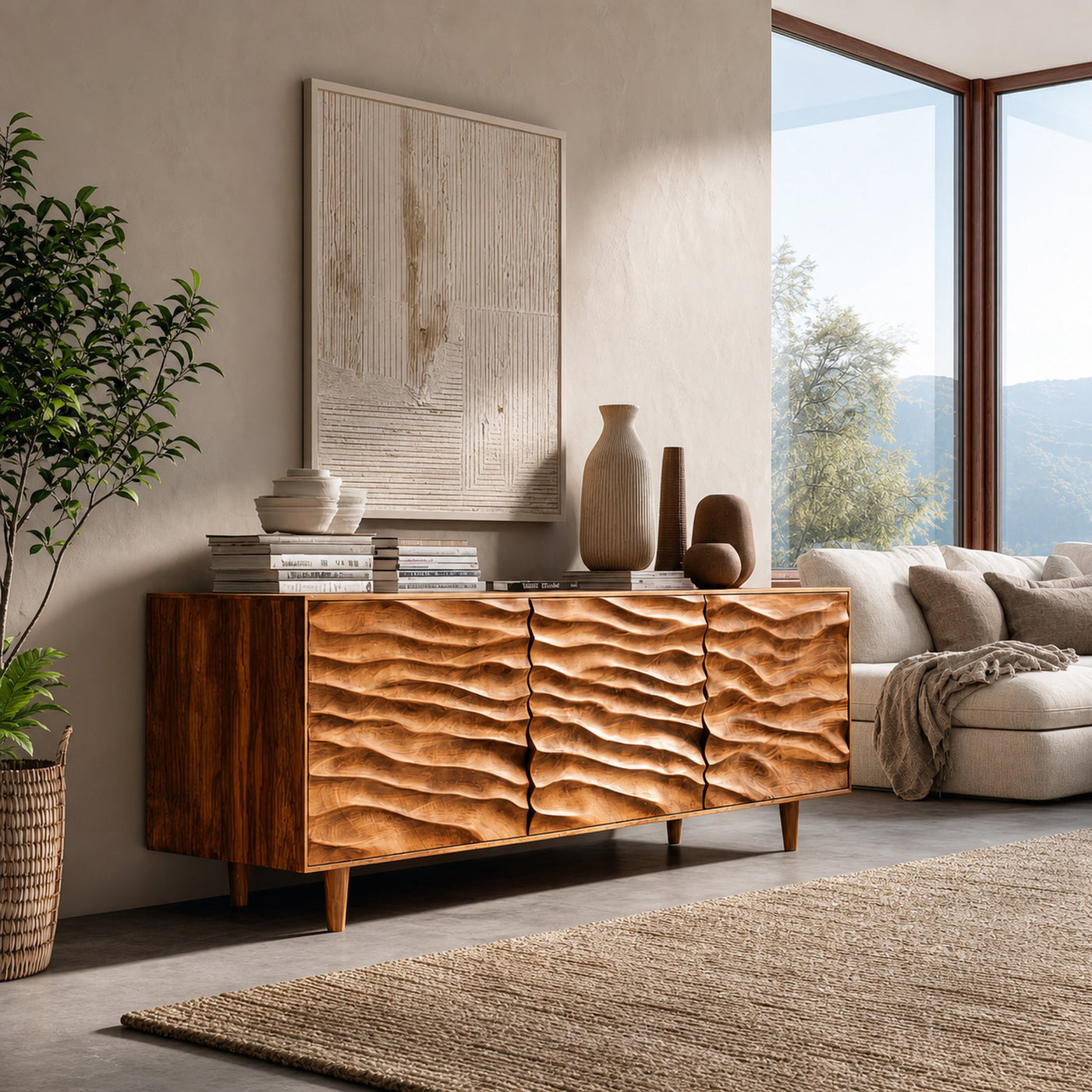 Modern Wooden Sideboard With Carved Wave Doors For Contemporary Living - product view 7