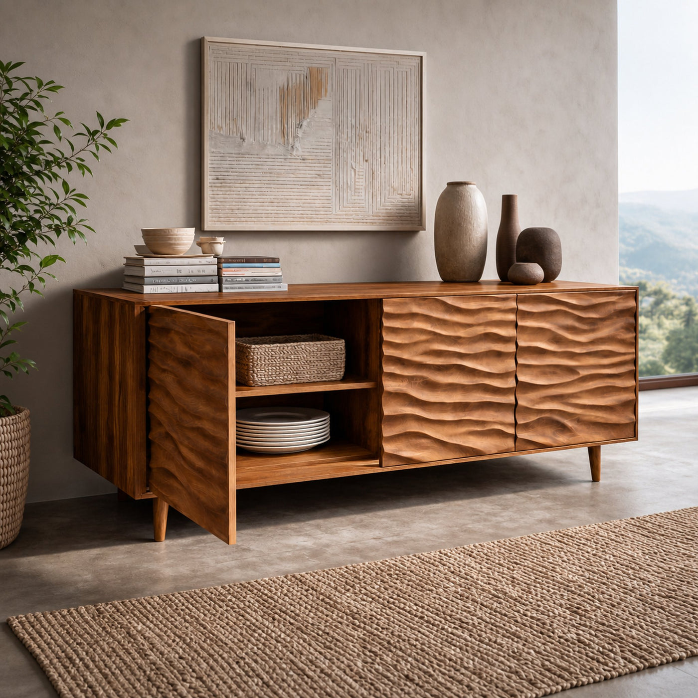Modern Wooden Sideboard With Carved Wave Doors For Contemporary Living - product view 8