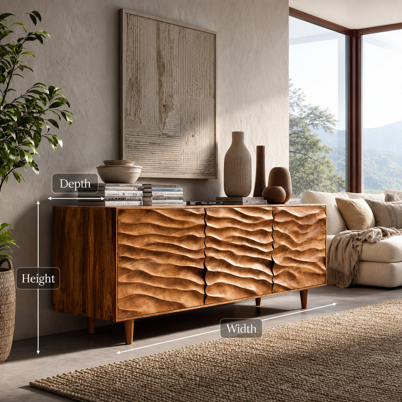 Modern Wooden Sideboard With Carved Wave Doors For Contemporary Living - product view 9