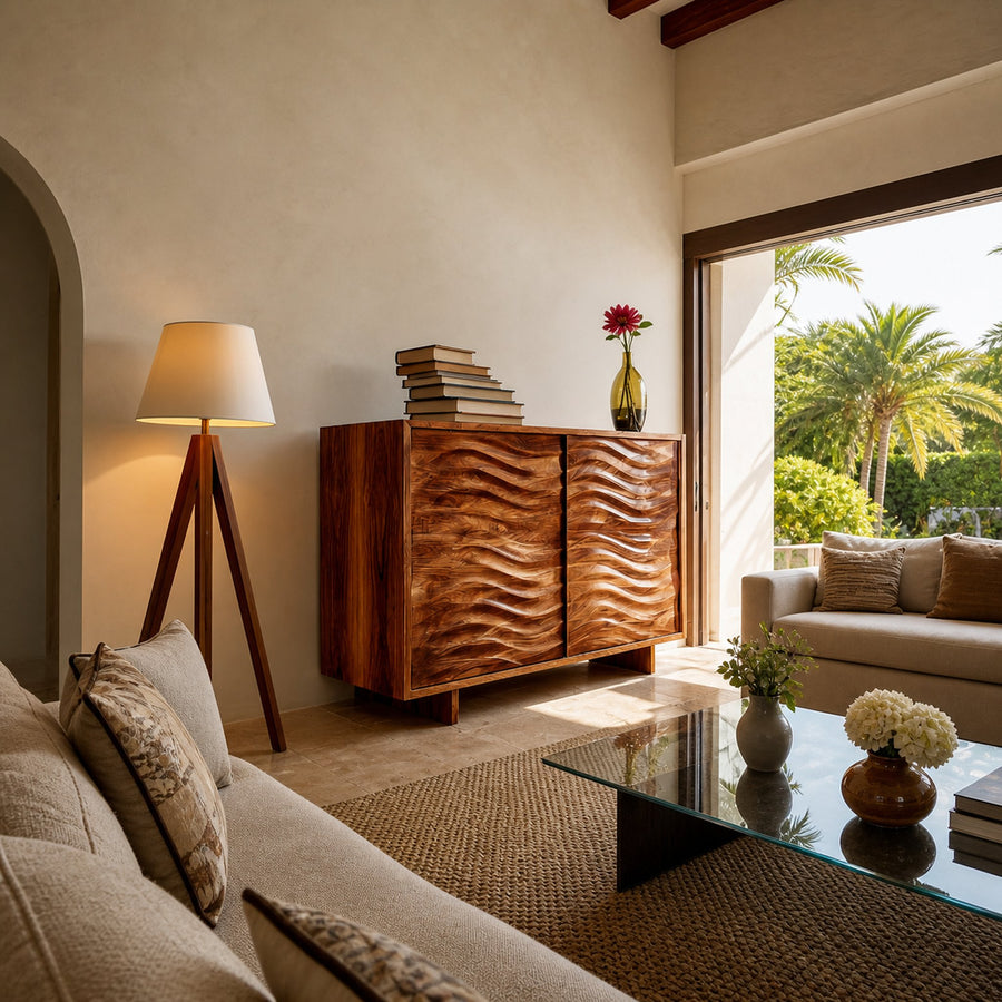 Modern Wooden Sideboard With Flowing Wave Doors For Living