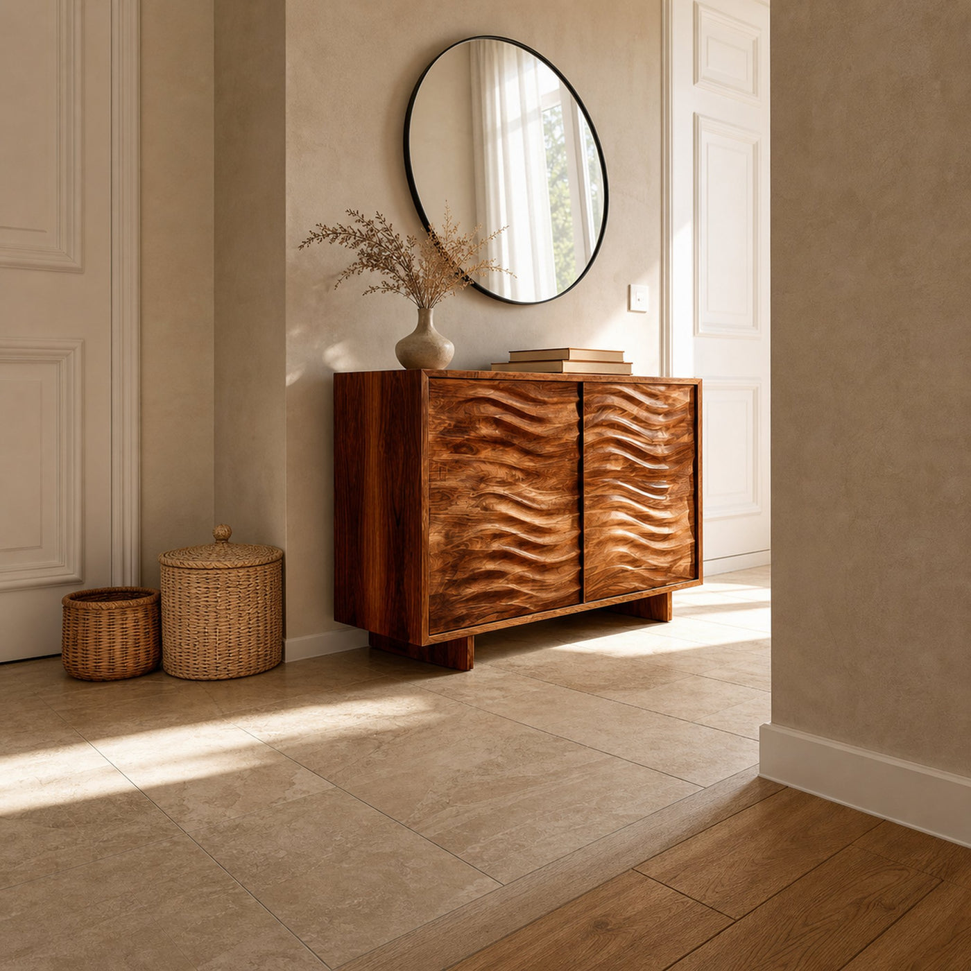 Modern Wooden Sideboard With Flowing Wave Doors For Living - product view 6