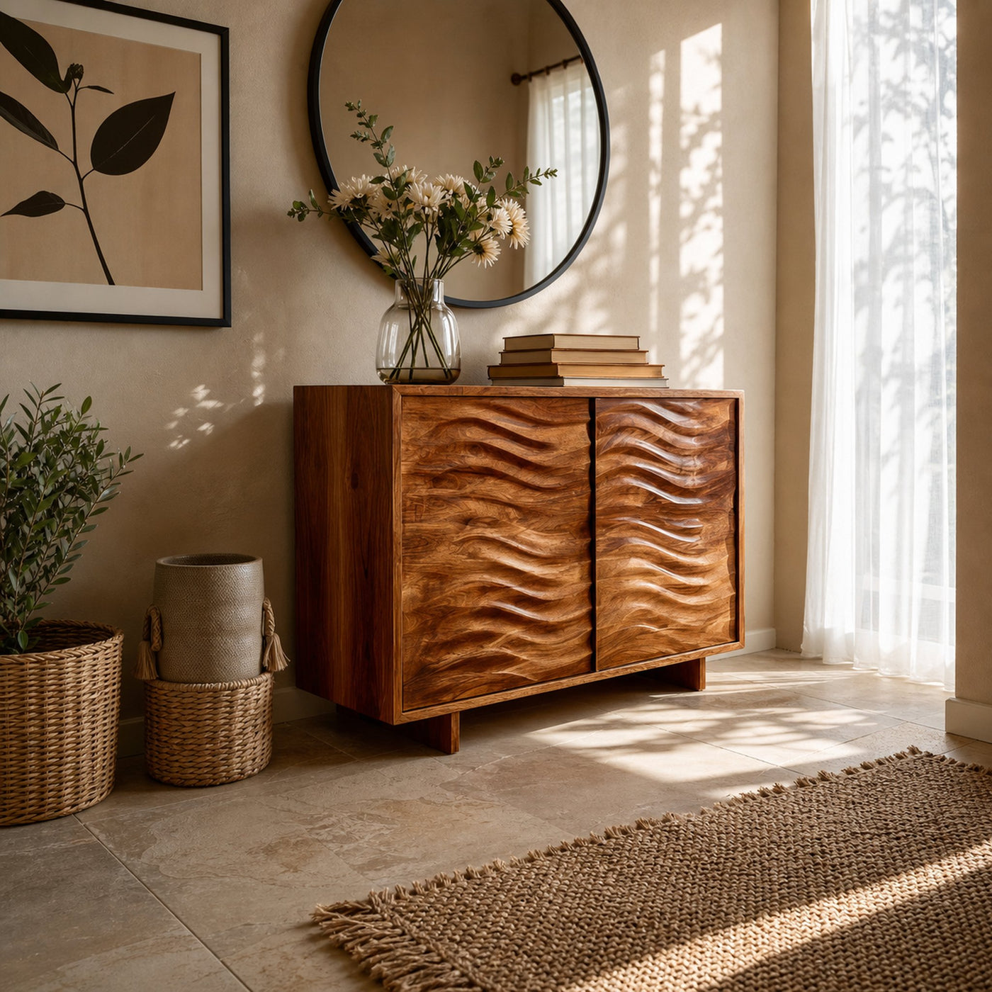 Modern Wooden Sideboard With Flowing Wave Doors For Living - product view 7
