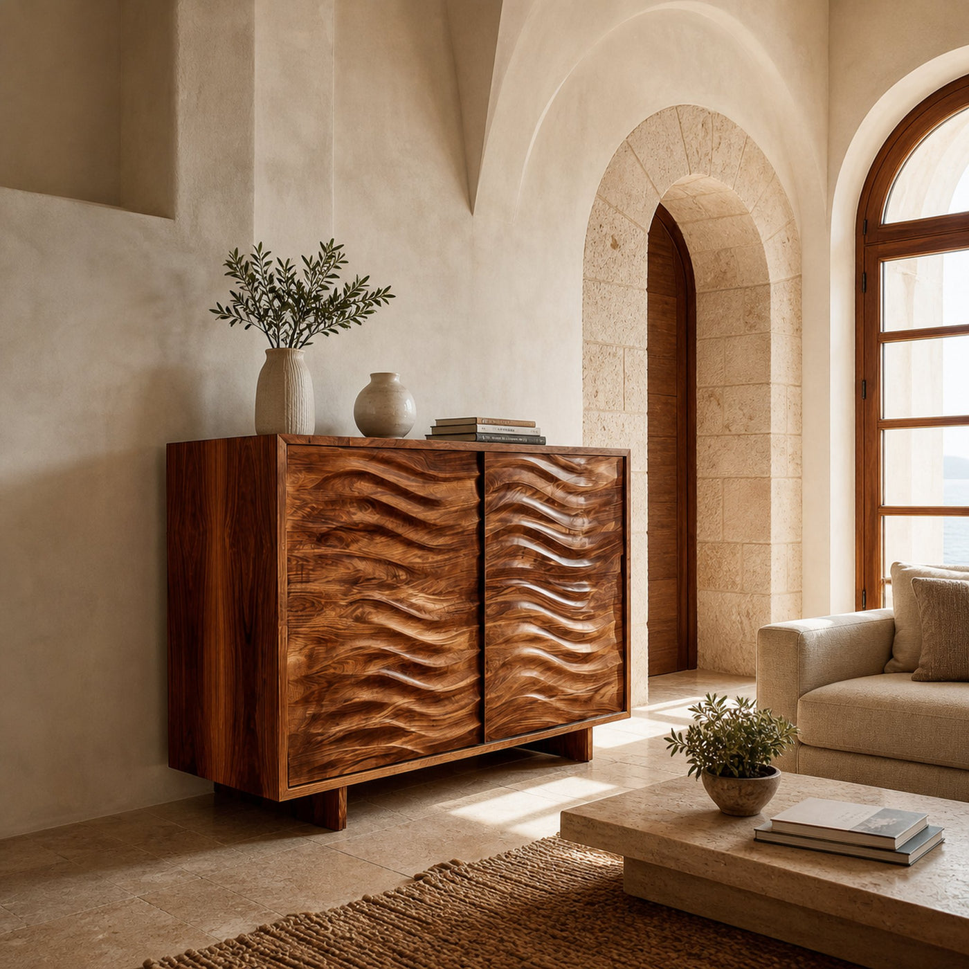 Modern Wooden Sideboard With Flowing Wave Doors For Living - product view 8