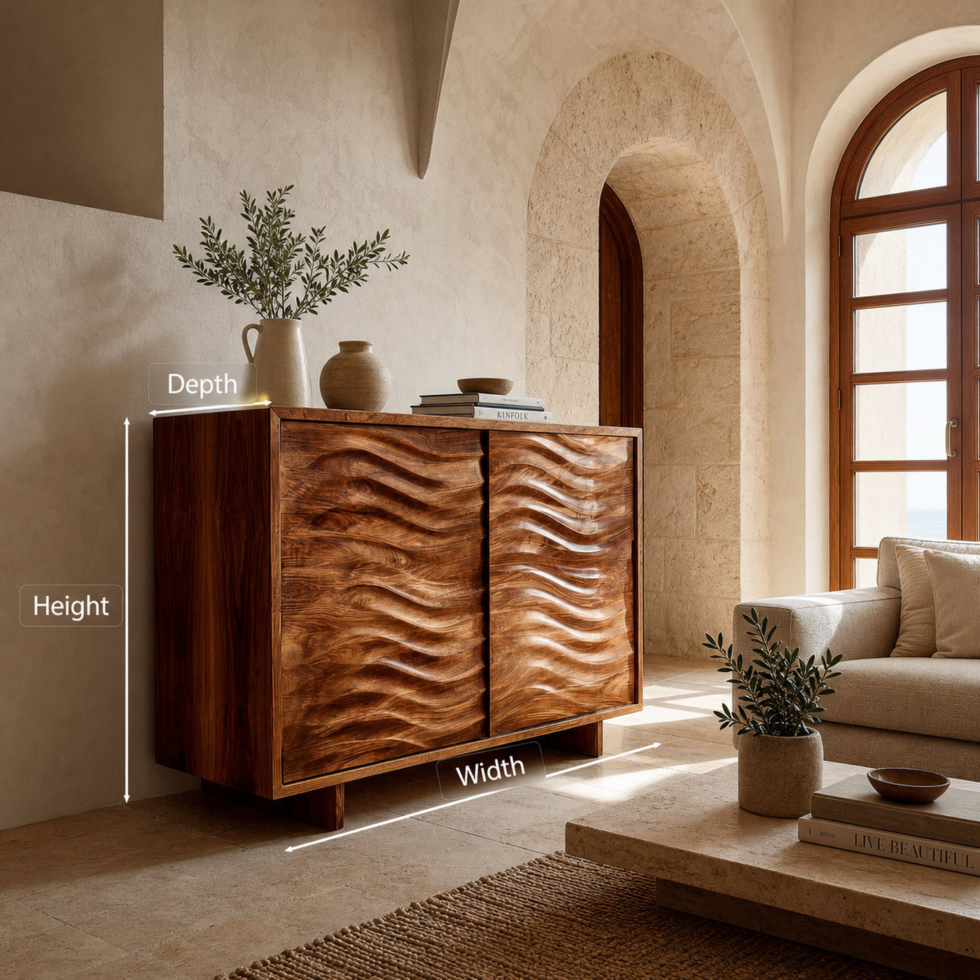 Modern Wooden Sideboard With Flowing Wave Doors For Living - product view 9