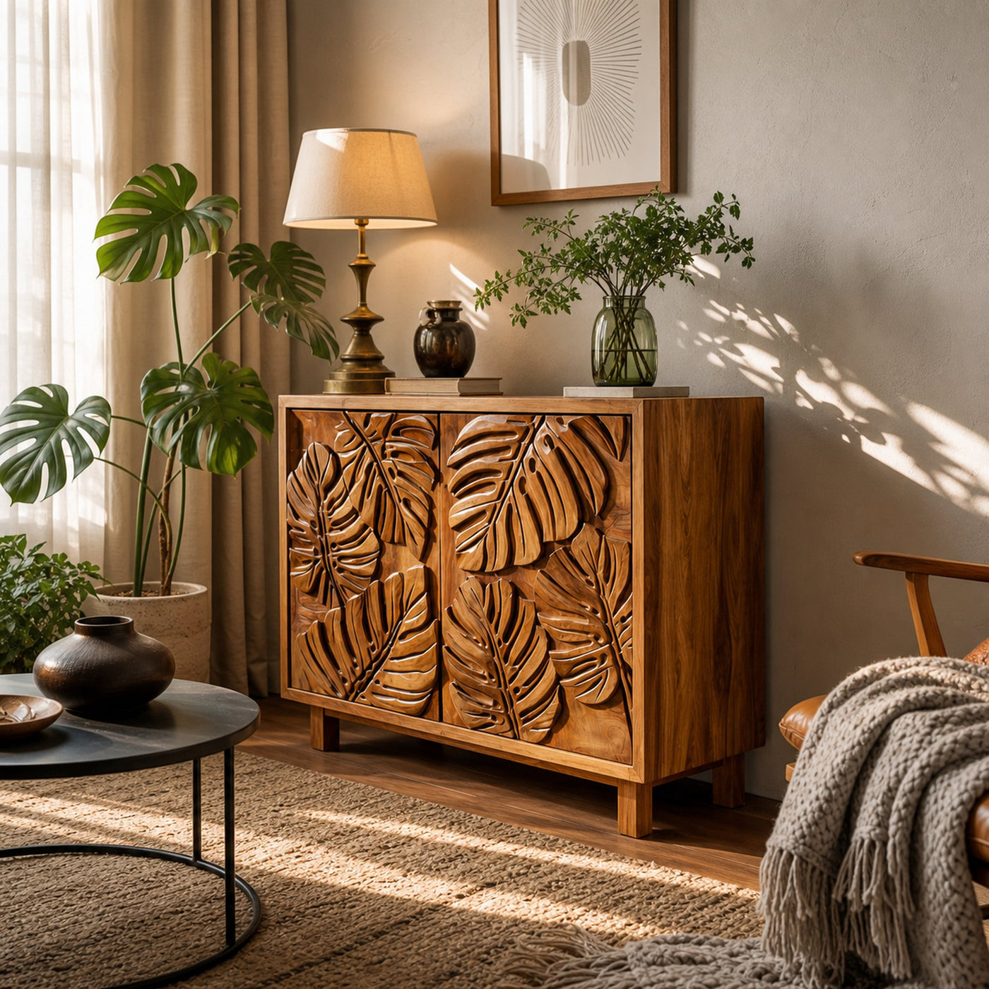 Modern Wooden Sideboard With Leaf Carved Doors For Home