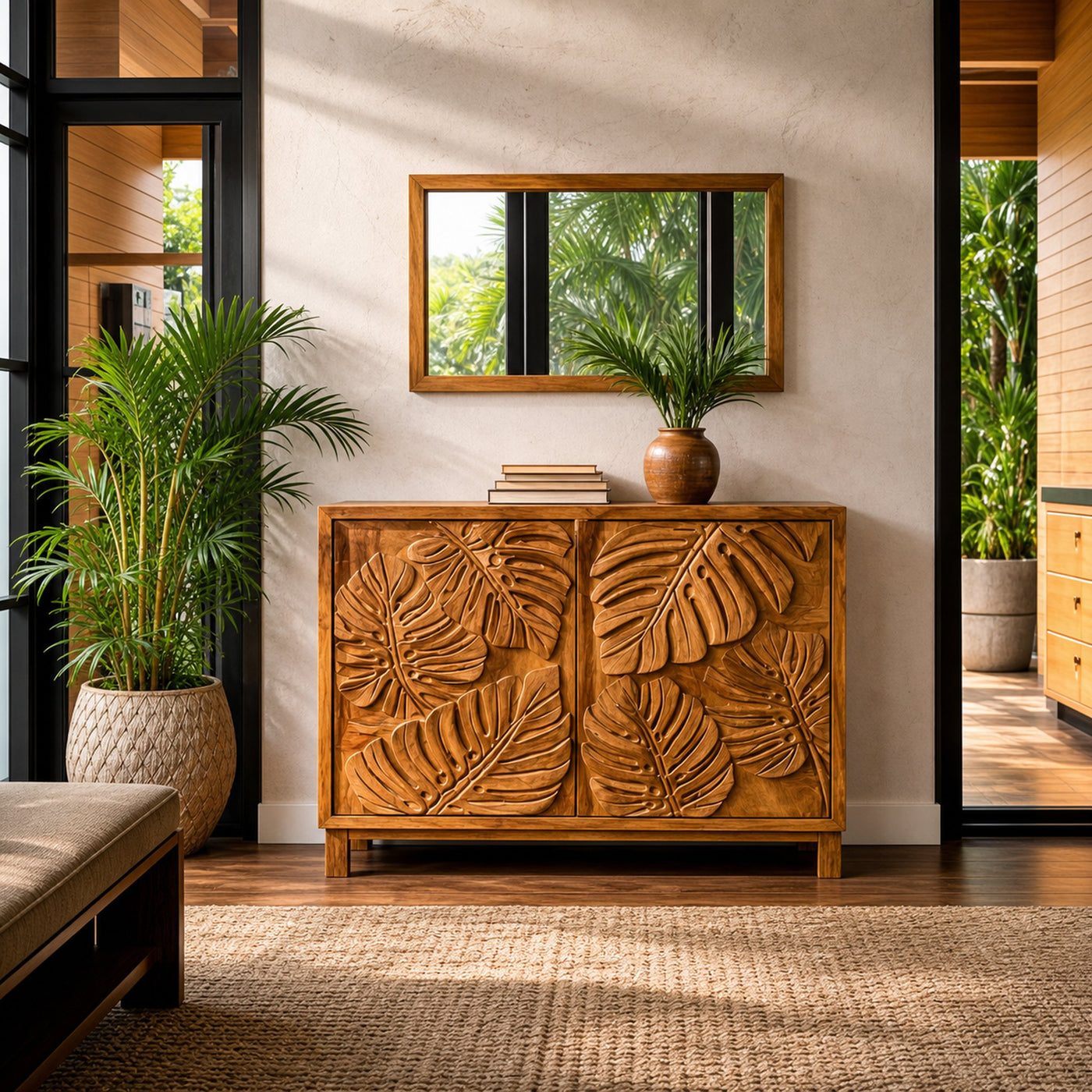 Modern Wooden Sideboard With Leaf Carved Doors For Home - product view 2