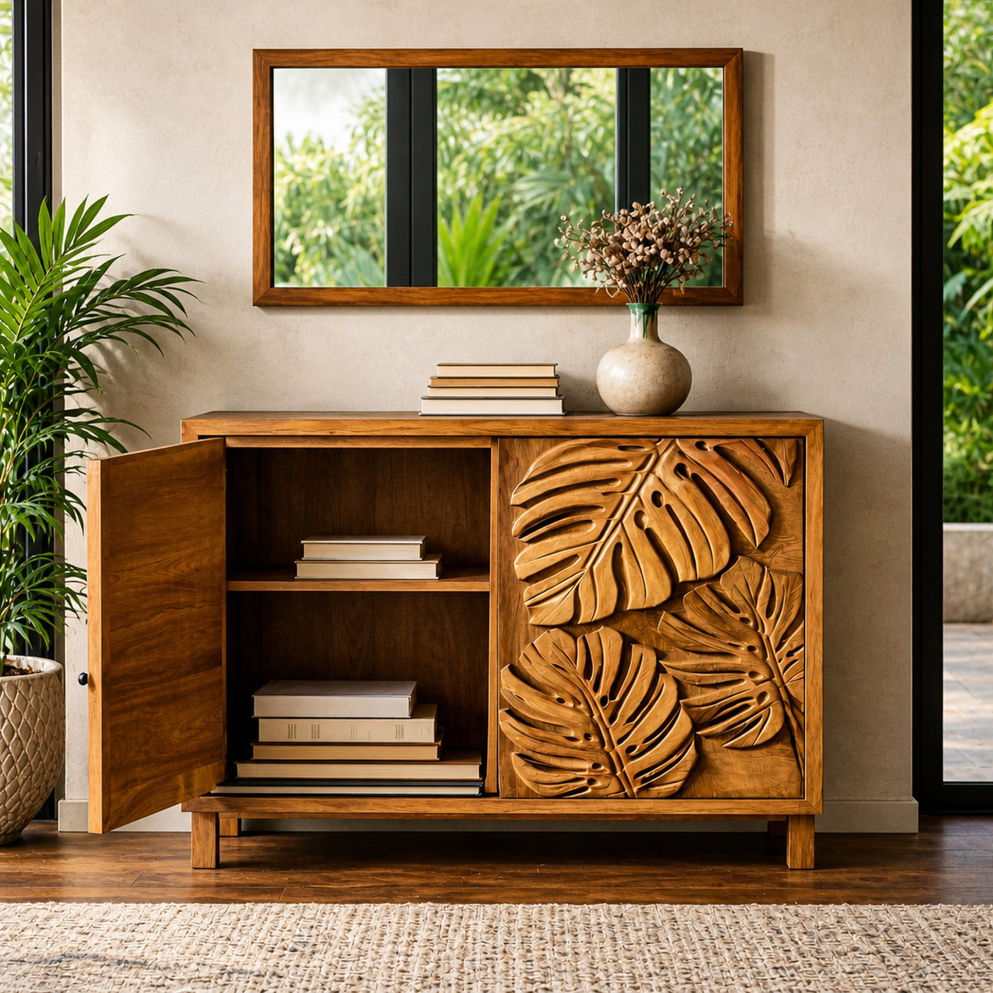 Modern Wooden Sideboard With Leaf Carved Doors For Home - product view 3