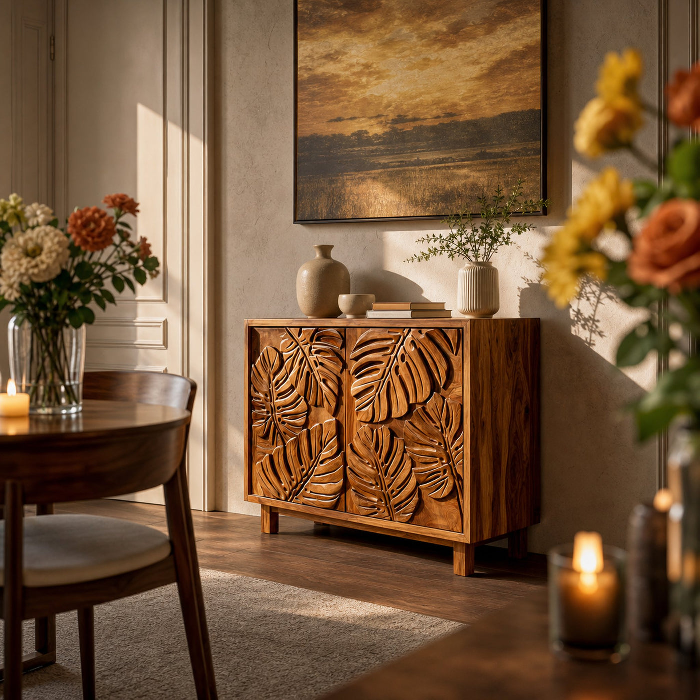 Modern Wooden Sideboard With Leaf Carved Doors For Home - product view 4