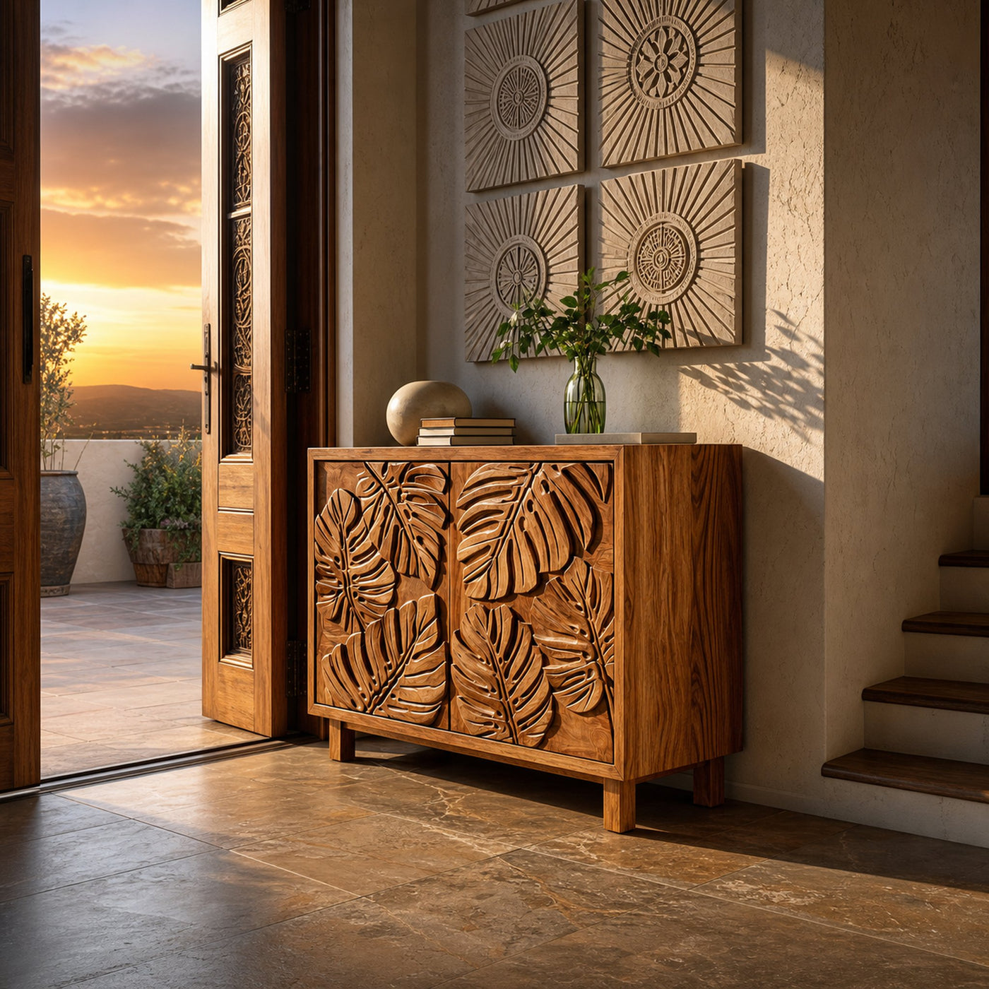 Modern Wooden Sideboard With Leaf Carved Doors For Home - product view 5