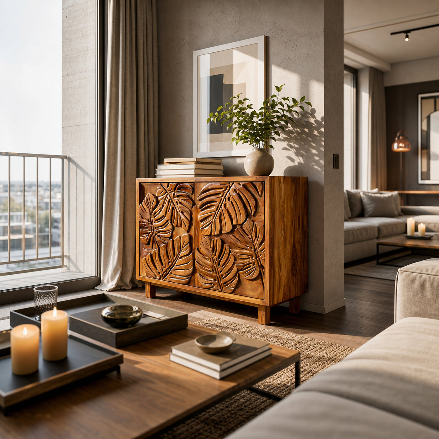 Modern Wooden Sideboard With Leaf Carved Doors For Home - product view 6
