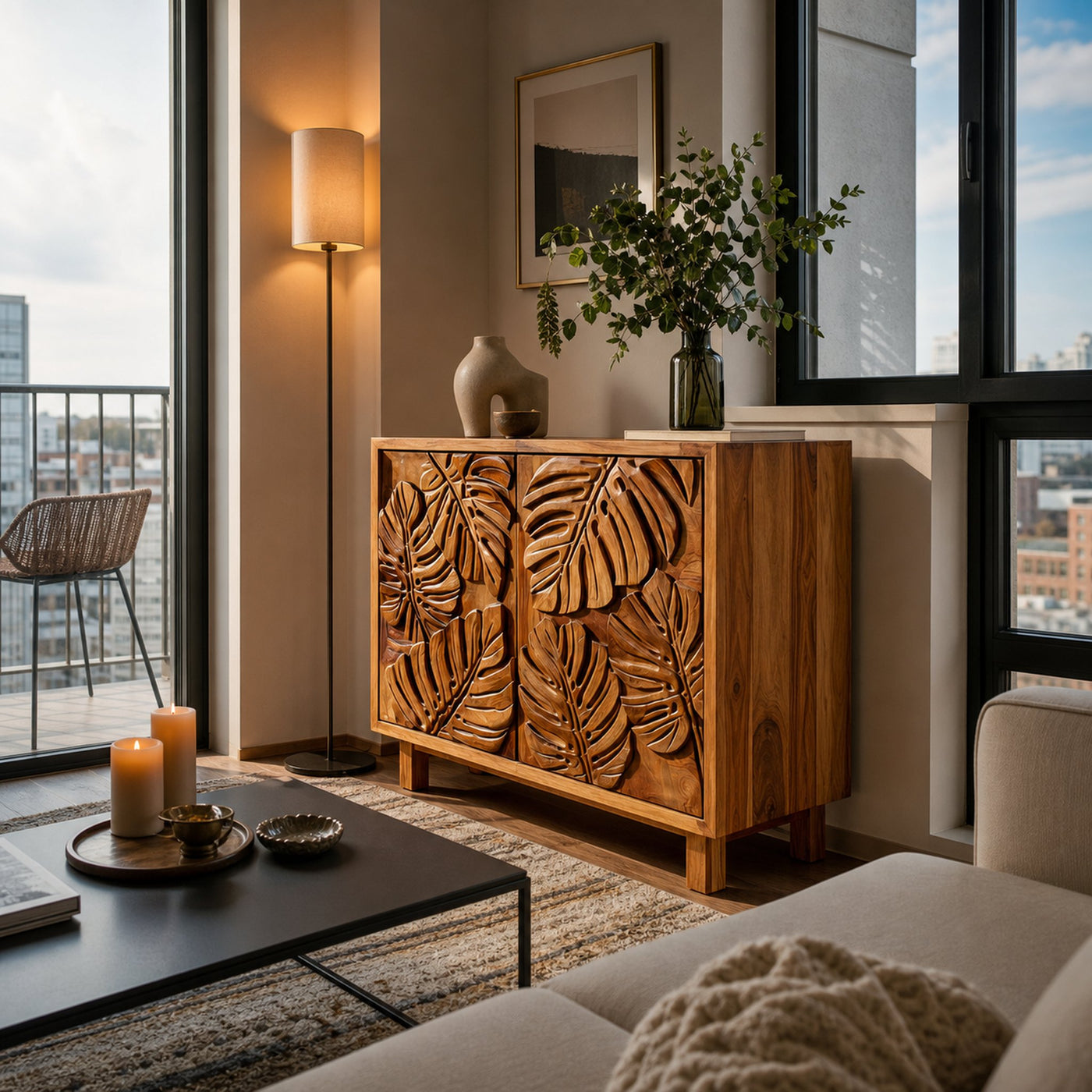 Modern Wooden Sideboard With Leaf Carved Doors For Home - product view 7
