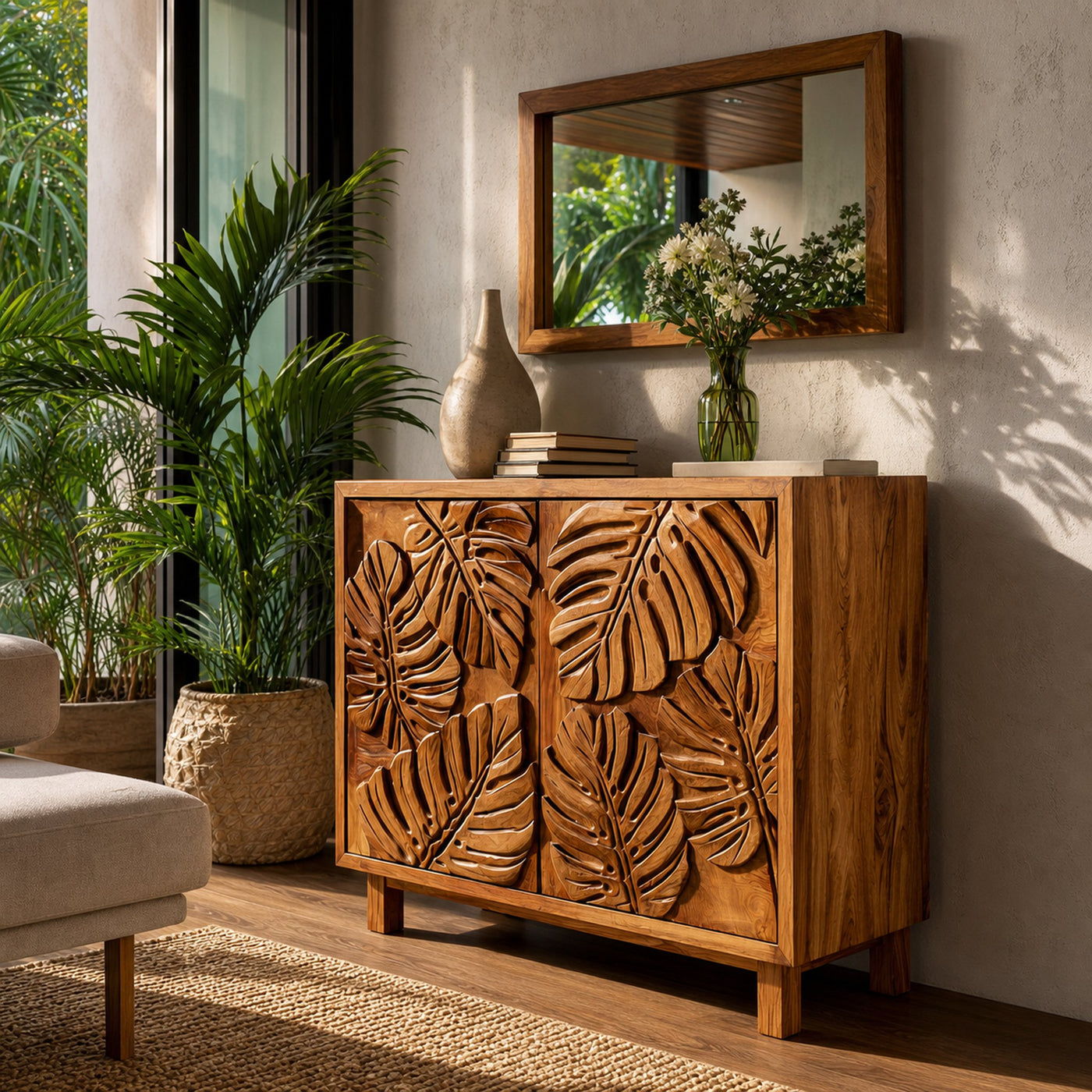 Modern Wooden Sideboard With Leaf Carved Doors For Home - product view 8