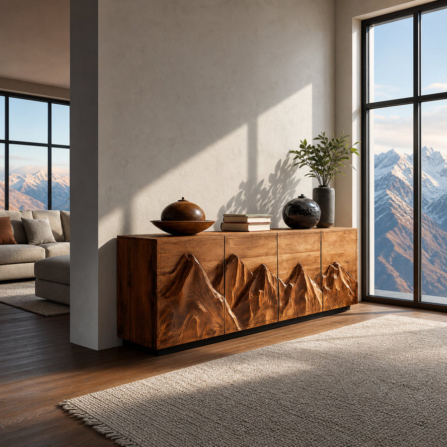 Modern Wooden Sideboard With Mountain Landscape Doors For Interior