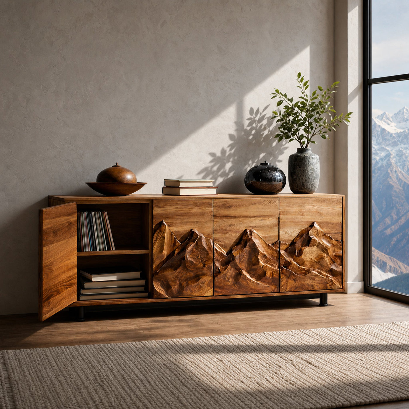Modern Wooden Sideboard With Mountain Landscape Doors For Interior - product view 6