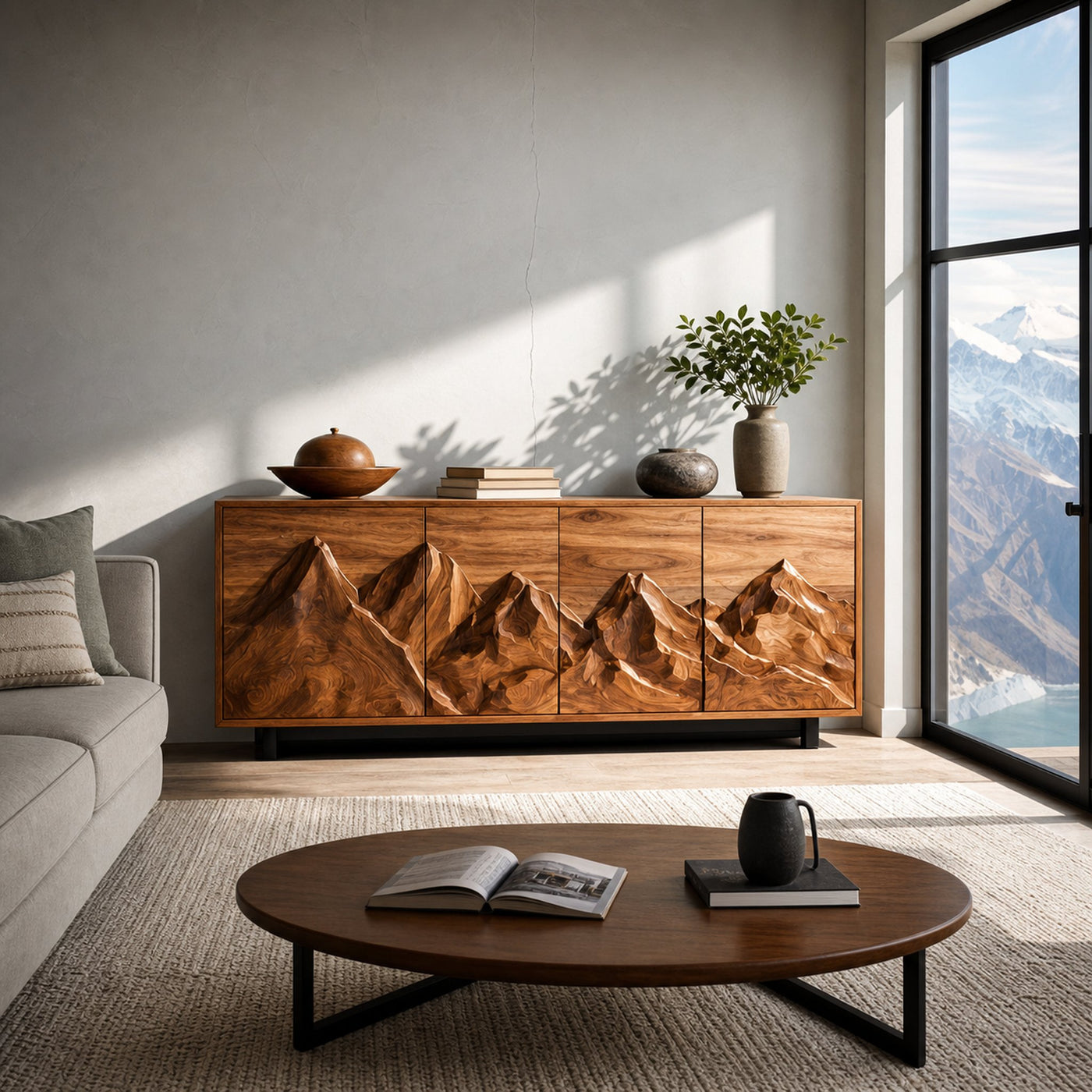 Modern Wooden Sideboard With Mountain Landscape Doors For Interior - product view 7