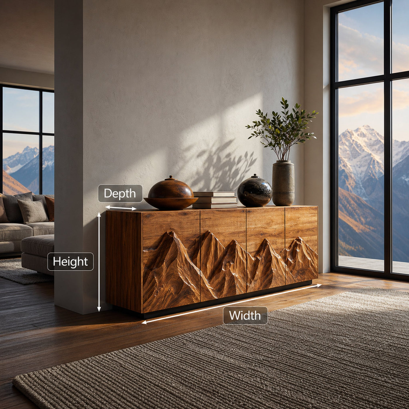 Modern Wooden Sideboard With Mountain Landscape Doors For Interior - product view 8